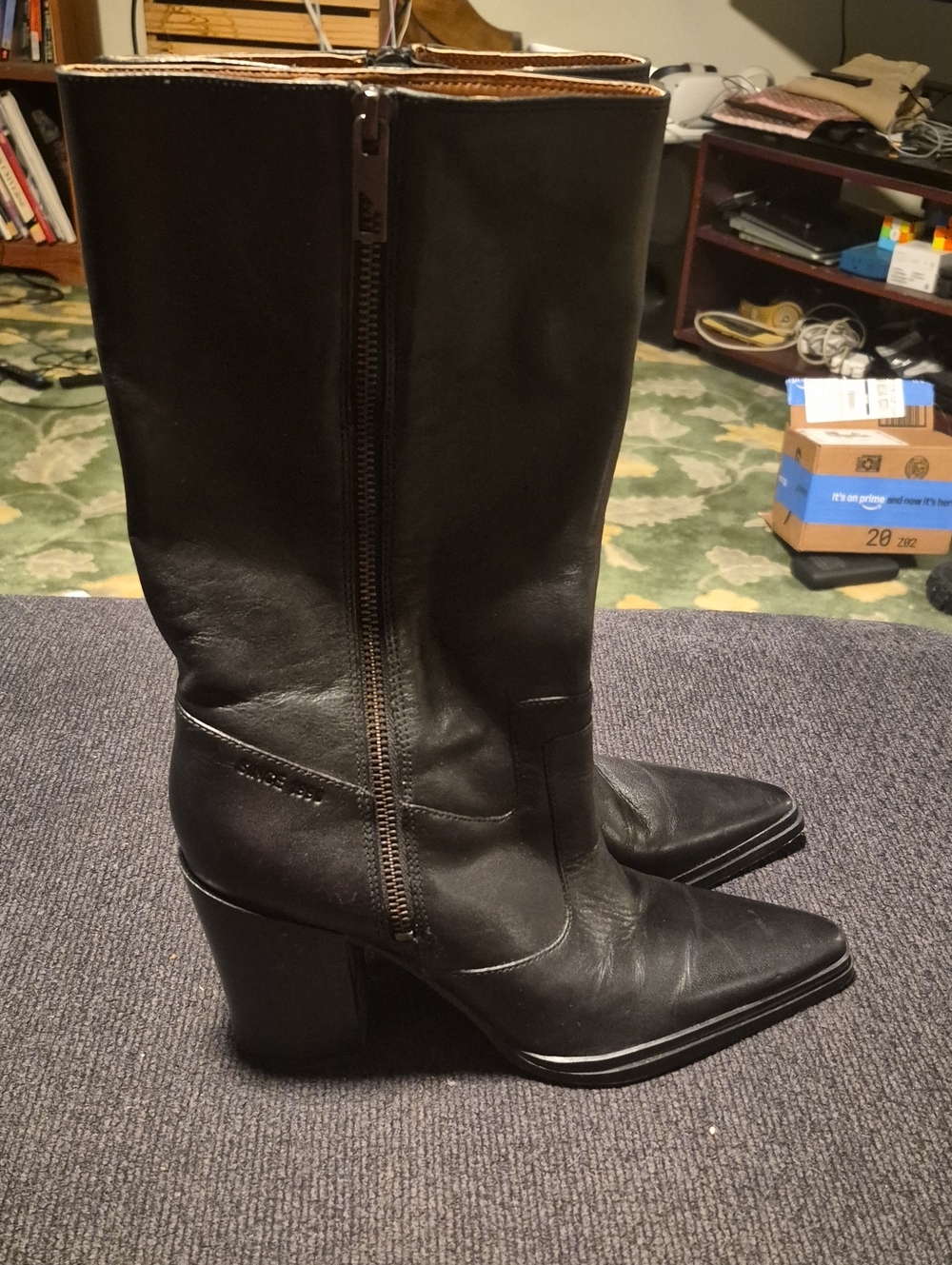 Franco Sarto Black Leather Mid-Calf Zip Heel Boots